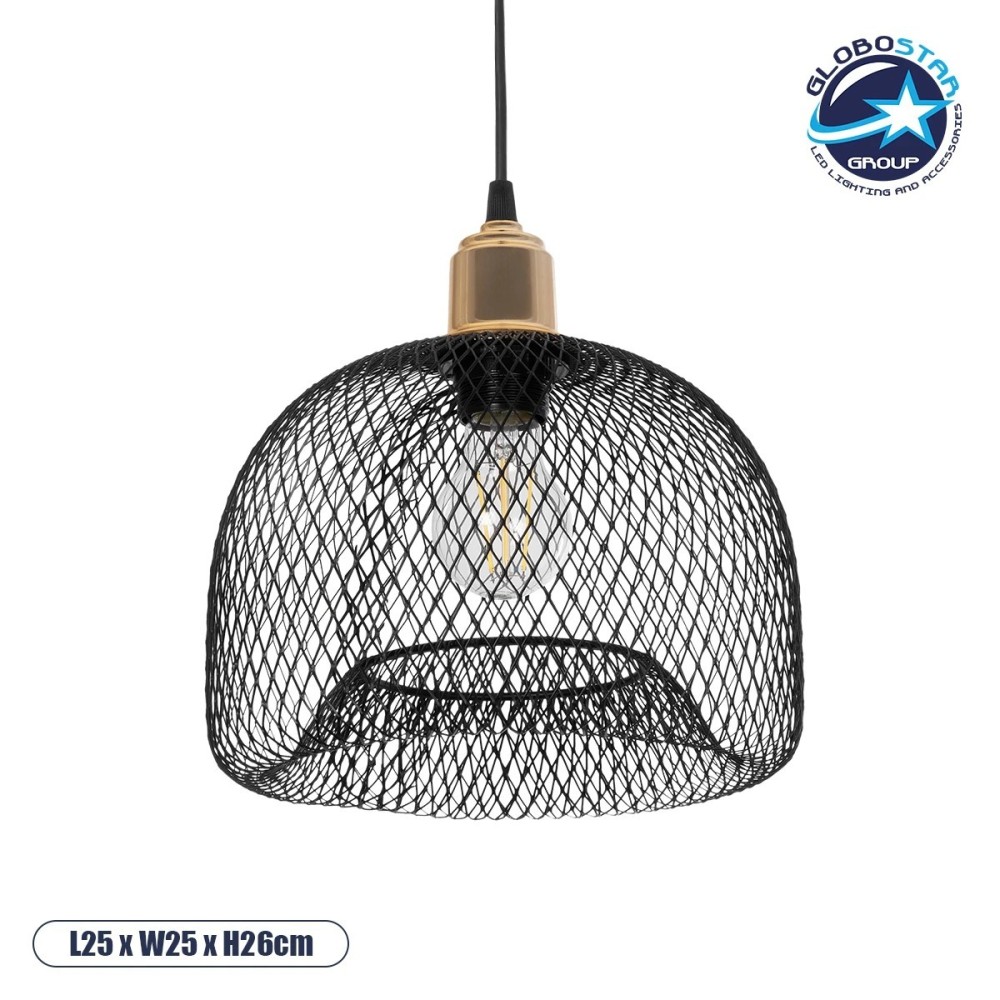 GLOBOSTAR® GLOZIA 201-0018 Μοντέρνο Κρεμαστό Φωτιστικό Οροφής με Ντουί 1 x E27 AC 220-240V IP20 - Μαύρο & Χρυσό - Μ25 x Π25 x Υ26cm